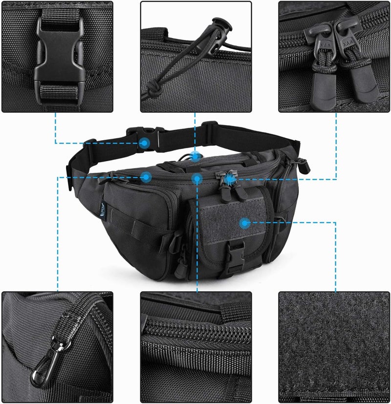 SOWHUP Tactical Fanny Pack,Military Waist Bag Pack with U.S Patch Utility Hip Belt Bumbag for Outdoor Fishing Hiking (Black(5 Zipper Pockets)) - Image 4